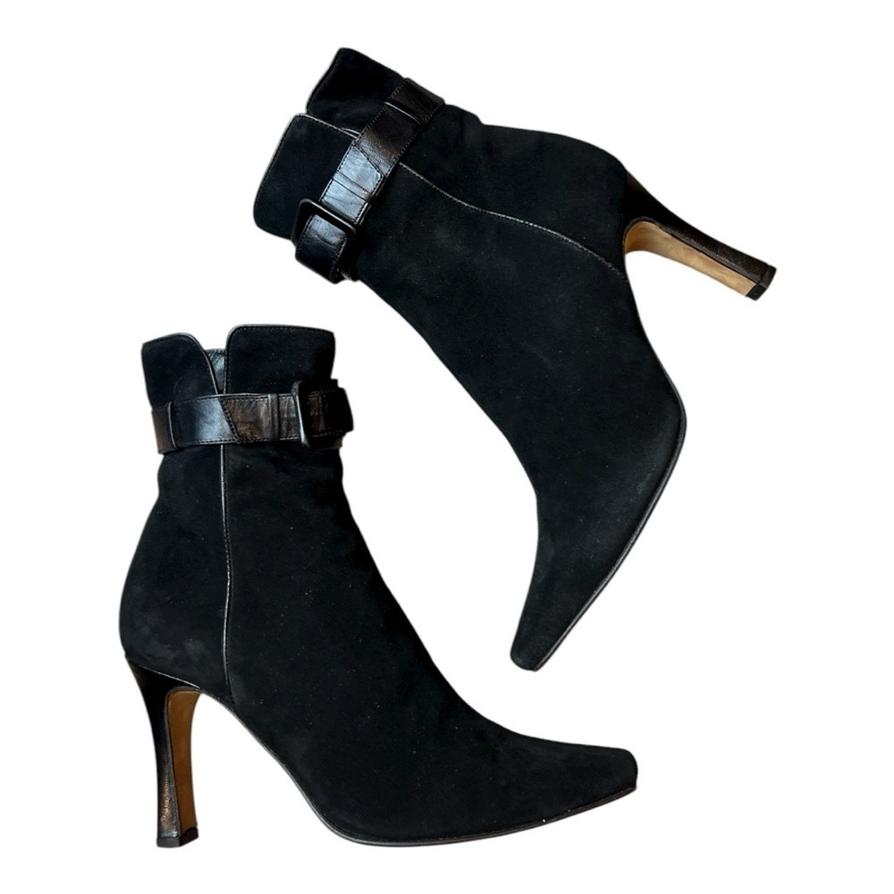 Jimmy Choo authentic Suede Leather Buckle Ankle Heel Black Boots SZ 35.5/ US 5.5